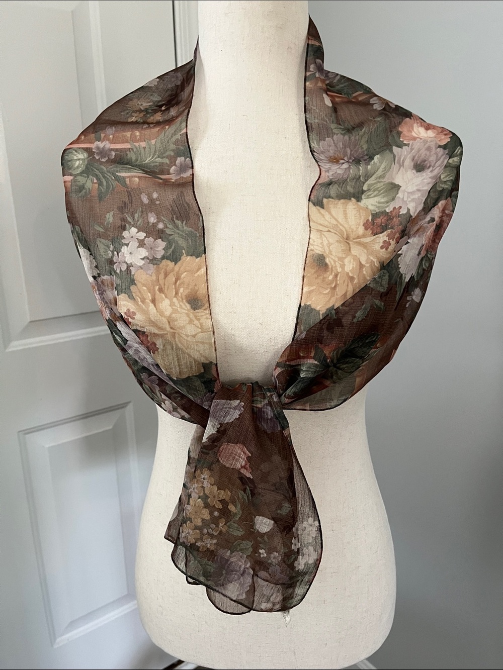Vintage Floral Sheer Scarf - Brown Multi Made In Italy